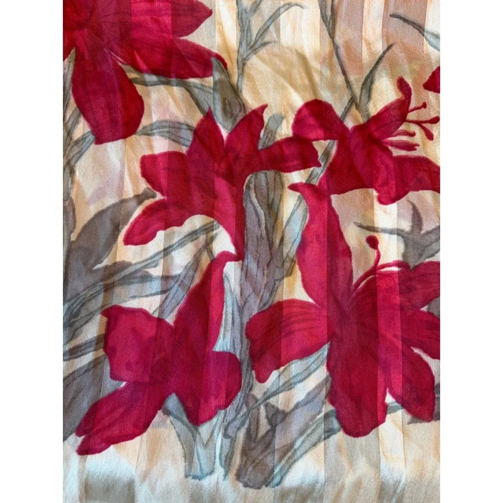 Vintage Red Lily Floral Striped Oblong Scarf Made in Italy Cream Grey Polyester
